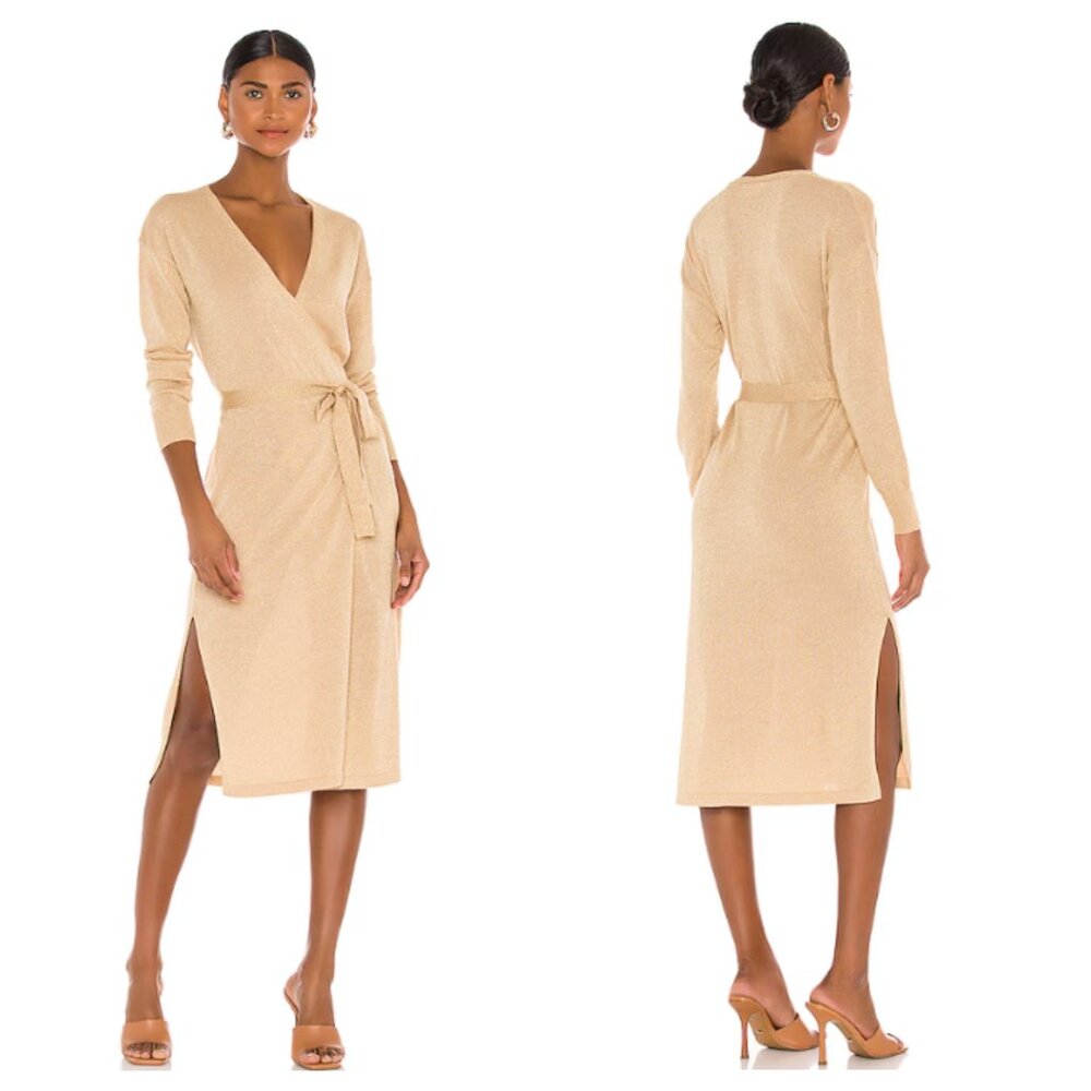 Lovers + Friends Azita Wrap Dress NWT in Gold Metallic Small